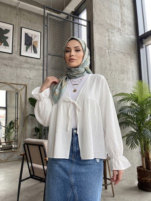 Miostil Roba Büzgülü Kol Lastik Tunik-Ekru