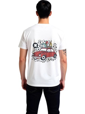 PayBuy Erkek Vintage Otomobil Grafik Baskılı Pamuklu Tişört Retro Sanat Desenli Rahat Kesim Günlük Modern