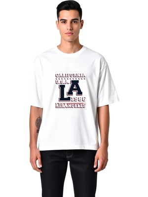 PayBuy Erkek Oversize Tişört Retro Los Angeles Baskılı Vintage Stil Rahat Kesim Günlük Modern Şık Konforlu