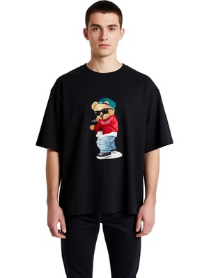 PayBuy Şık Ayı Sunglasses Mikrofon Baskılı Erkek Oversize Tişört