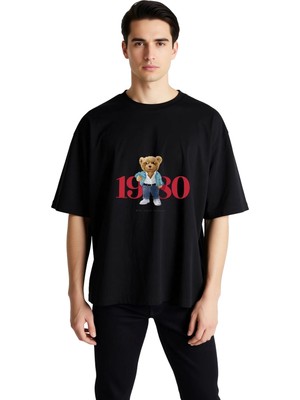 PayBuy Erkek Oversize Tişört %100 Pamuk Retro Grafik Baskılı Ayı Desenli Rahat Kesim Günlük Giyim Modern