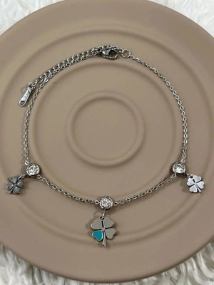 Fm 💎 Premium Parlak Gümüş Renk Şans Yoncalı Taşlı 316L Çelik Kadın Halhal (25cm)