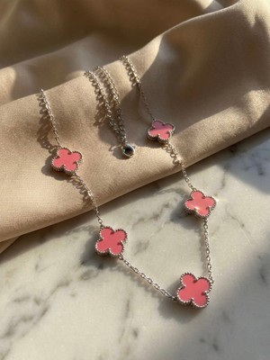 Meneva Aksesuar Pembe Mineli 5’li Yonca Gümüş Silver Renk Paslanmaz Çelik Kolye