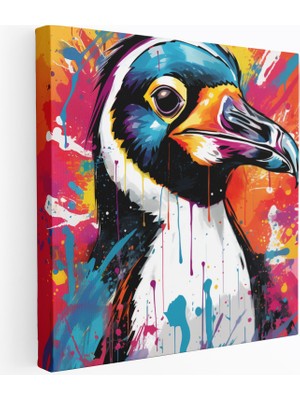 Popcasso Çizgi Roman Penguen Desenli Pop Sanat Illüstrasyonu ile Canlı Renkler ve Kanvas Duvar Tablosu