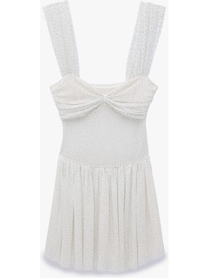 Koton Drapeli Büzgülü Kalp Yaka Volanlı Kolsuz Slim Fit Mini Taşlı Bridal Elbise