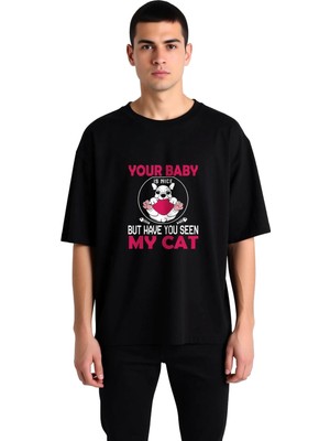 PayBuy Erkek Oversize Tişört %100 Pamuk Kedi Baskılı Grafik Desenli Günlük Rahat Kesim Komik Yazı Modern