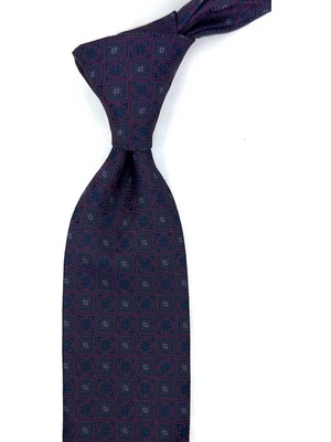 Kravatkolik Lacivert Kırmızı Motif Desen Mendilli Klasik Kravat KK13899