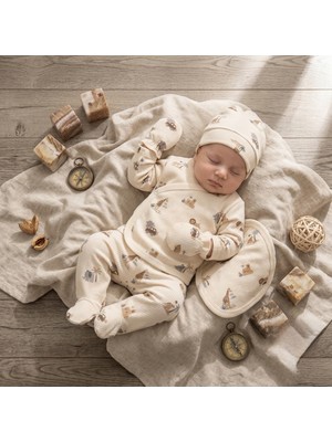 Asyaden Baby Erkek Bebek Pamuklu Safari Desenli 5li Zıbın Set Yenidoğan Hastane Çıkışı