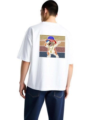 PayBuy Erkek Oversize Tişört Komik Bulldogu Patriot Güneş Gözlüğü Altın Zincir Baskılı Rahat Günlük Modern