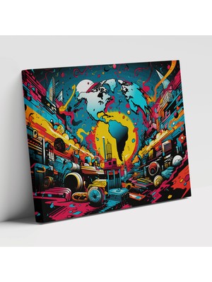 Popcasso Pop Art Dünya Haritası Çizgi Roman Esinli Tasarım Dekoratif Kanvas Tablo