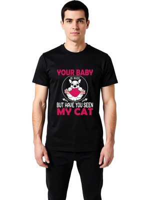 PayBuy Erkek %100 Pamuk Kedi Baskılı Grafik Tişört Kısa Kol Yuvarlak Yaka Evcil Hayvan Sevgisi Mizah