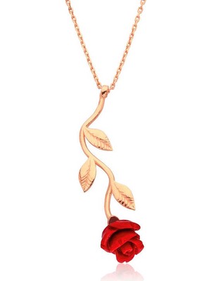 Gumush Gümüş Rose Kırmızı Gül Kolye