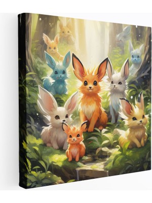 Popcasso Ormanda Eevee Evrimleri Motifli Pokemon Suluboya Resim Dekoratif Kanvas Tablo