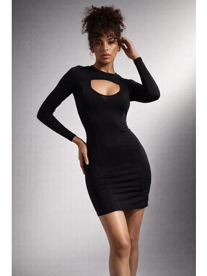 Quhox Kadın Siyah Cut-Out Detaylı Uzun Kollu Mini Elbise Slim Fit