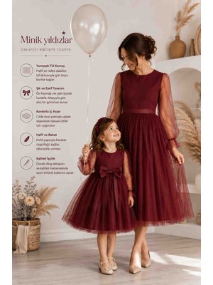 Minik Yıldızlar Bordo Tüllü Anne Kız Kombini