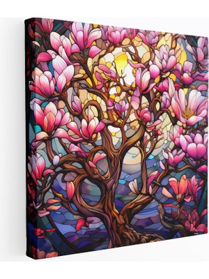 Popcas Görünümlü Vitray Motifli Magnolia Motifli Duvar Tablosu