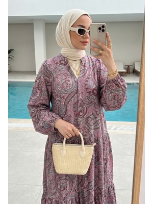 Kirazca Butik Kadın Paisley Şal Desenli Kat Kat Tesettür Elbise (Astarsız)