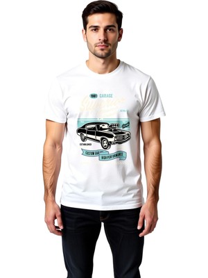 PayBuy Erkek Retro Garaj Baskılı Tişört %100 Pamuk Klasik Otomobil Temalı Günlük Rahat Kesim Modern Şık