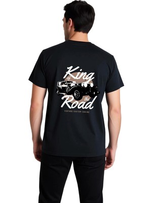 PayBuy Erkek Vintage Otomobil Baskılı Kısa Kollu Tişört Yolun Kralı Tasarımı Konforlu Günlük Rahat Modern