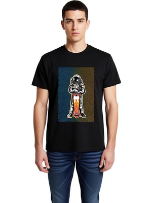 PayBuy Erkek Astronot Kaykay Baskılı Tişört %100 Pamuk Rahat Kesim Kalın Hat Sanatı Deseni Günlük Modern