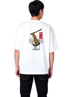 PayBuy Erkek Oversize Tişört Ramen Baskılı Çubuk Detaylı Rahat Kesim Günlük Giyim Konforlu Modern Şık Zarif