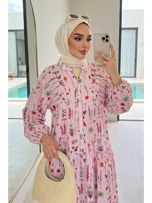 Kirazca Butik Kadın Botanik Desenli Volanlı Uzun Tesettür Elbise (Astarsız)