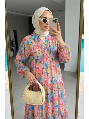 Kirazca Butik Kadın Botanik Desenli Volanlı Uzun Tesettür Elbise (Astarsız)