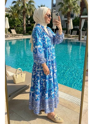 Kirazca Butik Kadın Osmanlı Esintili Desenli Tesettür Elbise (Astarsız)