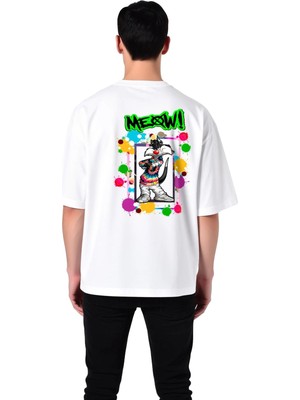 PayBuy Retro Kedi Meow Tasarımı Baskılı Erkek Oversize Tişört