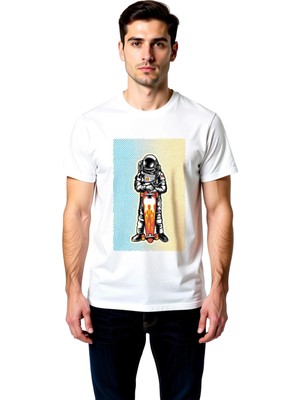 PayBuy Erkek Astronot Kaykay Baskılı Tişört %100 Pamuk Rahat Kesim Kalın Hat Sanatı Deseni Günlük Modern