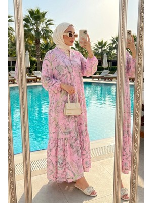 Kirazca Butik Kadın Soft Floral Desenli Maxi Tesettür Elbise Rahat Kalıp