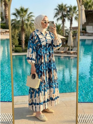 Kirazca Butik Kadın Etnik Patchwork Desenli Uzun Tesettür Elbise Viskon