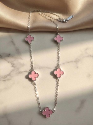 Meneva Aksesuar Pembe Mineli 5’li Yonca Gümüş Silver Renk Zincirli Paslanmaz Çelik Kolye