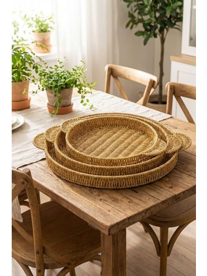Zemira Iç Içe Geçebilen 3'lü Yuvarlak Hasır Görünümlü Plastik Rattan Servis Tepsi Seti, Çok Amaçlı