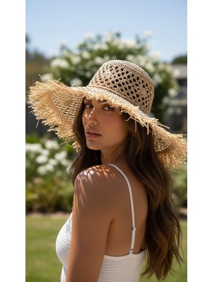 Gigi Luxe Kadın Hasır Plaj Şapkası Püsküllü Geniş Kenarlı Yazlık Güneş Koruyucu Bohem Şapka Krem