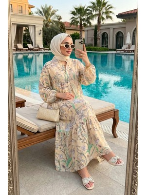 Kirazca Butik Kadın Soft Floral Desenli Maxi Tesettür Elbise Rahat Kalıp