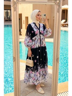 Kirazca Butik Kadın Lüks Çiçek Desenli Kat Kat Tesettür Elbise Zarif ve Ferah Yaz Stili (Astarsız)