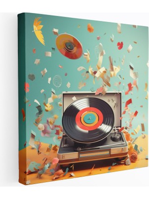 Popcasso Çok Renkli Plak Çalar Nostaljik Canlı Renkler ve Müzik Notaları Teması Kanvas Duvar Tablosu