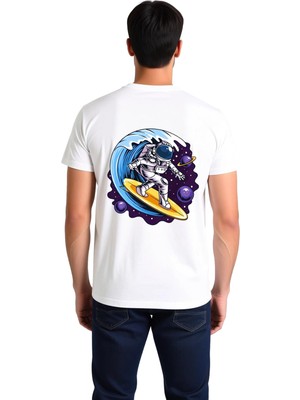PayBuy Erkek Astronot Surfing Kozmik Dalgalar Baskılı Rahat Kesim Pamuk Tişört Günlük Modern Şık Konforlu