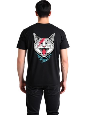 PayBuy Erkek Baskılı Tişört Kedi Motifi Şimşek Çakması Bandana Detaylı Rock Tarzı Günlük Rahat Modern Şık