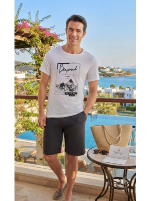 Seamlife Çağrı 9838 Beyaz Füme Beyond Paradise Cepli Yarım Kollu Penye Şort Takım