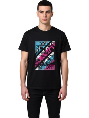 PayBuy Erkek Retro Otomobil Baskılı Tişört Brooklyn Garaj Temalı Günlük Rahat Kesim Pamuklu Modern Şık