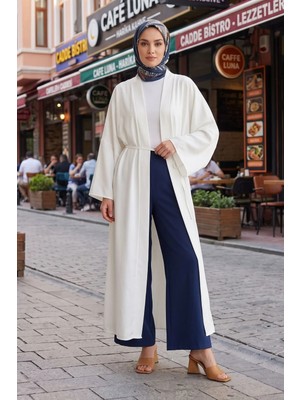 Modestim Kadın Dubai Kumaş Uzun Bağlamalı Tesettür Beyaz Hırka Rahat Kalıp Mevsimlik