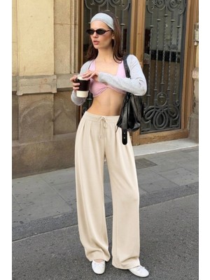Damga Kadın Trend Yüksek Bel Krem Palazzo Pantolon