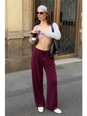 Damga Kadın Trend Yüksek Bel Bordo Palazzo Pantolon