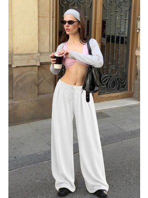 Damga Kadın Trend Yüksek Bel Beyaz Palazzo Pantolon