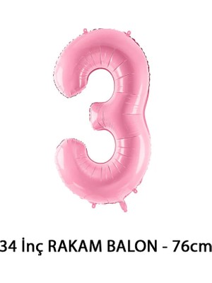 Lotus Party Pembe Renk 3 Rakam Folyo Balon - Pembe Rakam Balon 3 Yaş - 76 cm