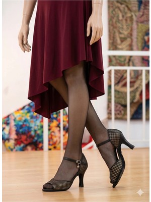 Bitangosu Siyah Altın Petek- Latin-Salsa-Tango Dans ve Salon Ayakkabıs 8,5 cm 13 Pont Kadeh Model Kapalı Topuk