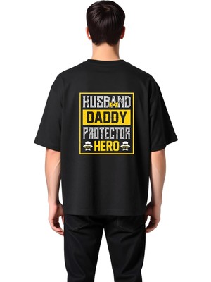 PayBuy Erkek Oversize Baskılı Tişört Husband Daddy Protector Hero Yazılı Kısa Kollu Rahat Kesim Günlük