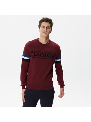 Lacoste Erkek Regular Fit Uzun Kollu Bisiklet Yaka Renk Bloklu Bordo Triko